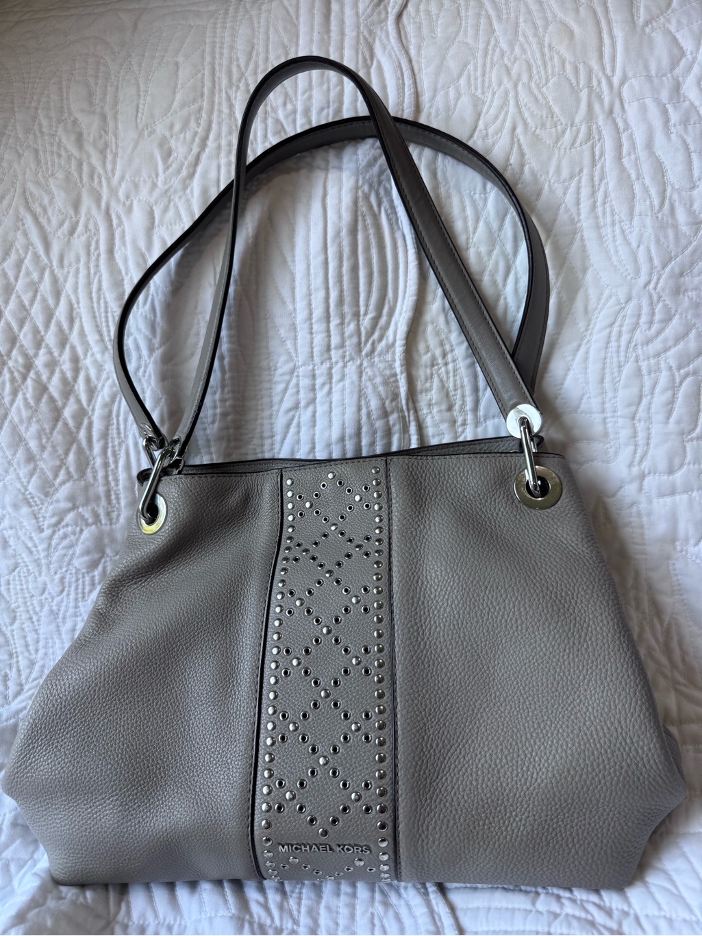 Michael Kors Taupe Studded Leather Shoulder Tote